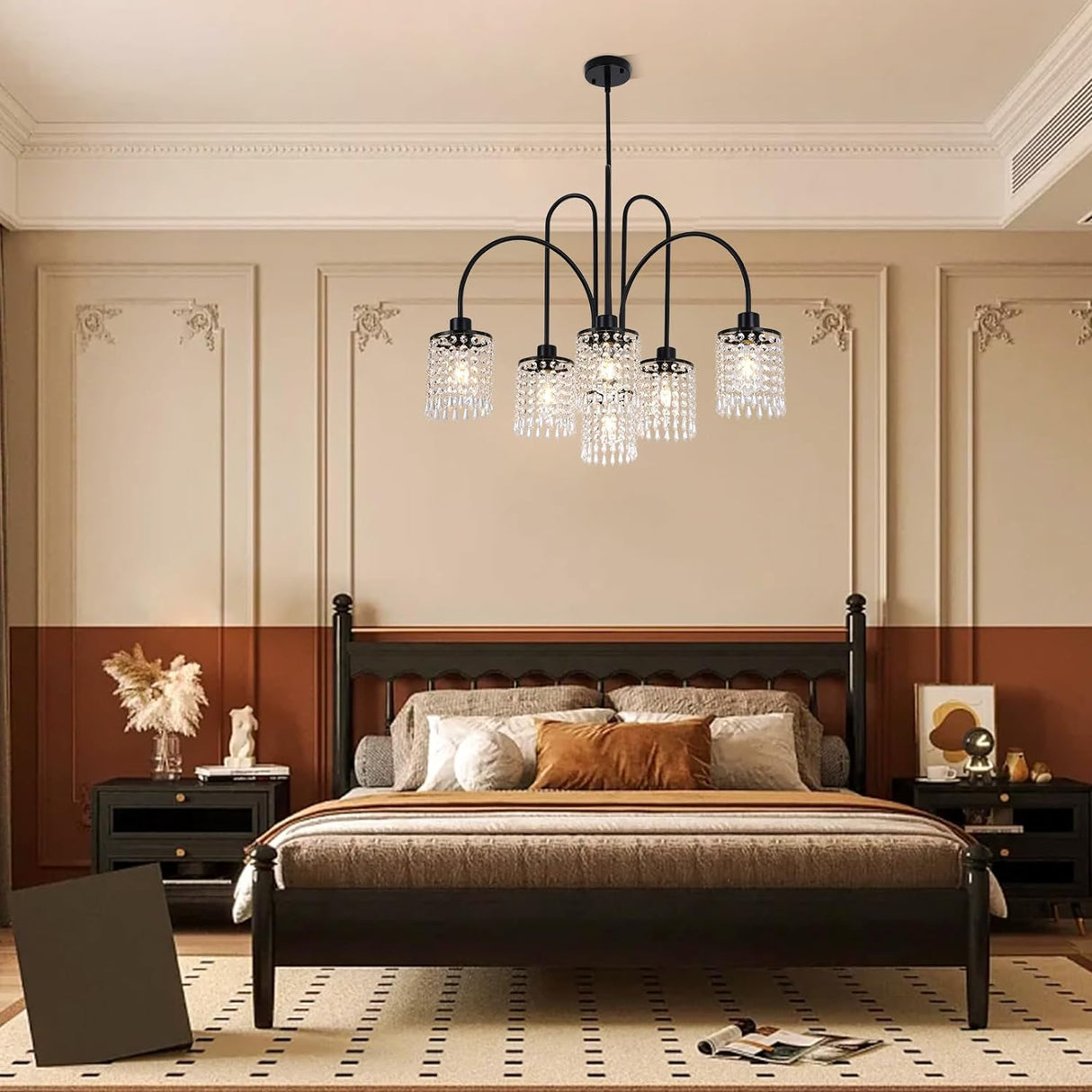6 Lights Crystal Chandeliers, Black Farmhouse Chandelier, Metal Industrial Pendant Lighting, Semi Flush Mount Chandelier Ceiling Lamp for Dining Room Bedroom Kitchen, E27 Base
