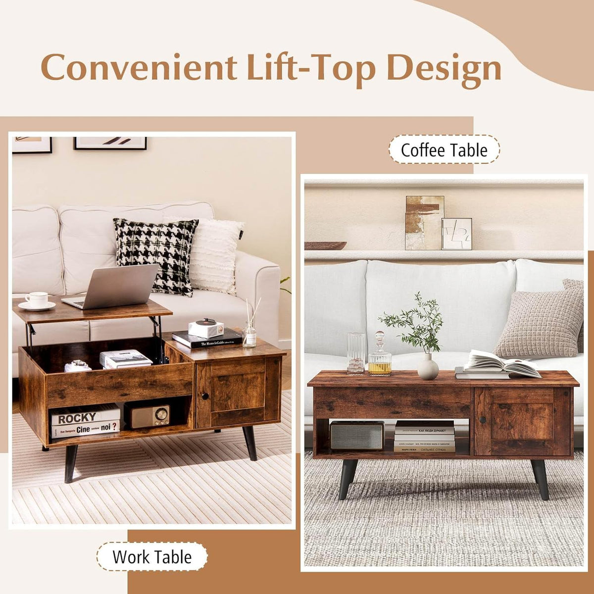 Lift-Top Coffee Table with Hidden Cabinet & Open Shelf