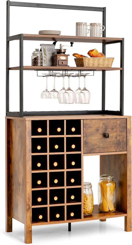 Kitchen Wine Rack, Freestanding Cabinet w/Wine Glass Holder & Drawer, 4-Tier Bakers Rack, Microwave Oven Stand for Kitchen Dining Room Living Room