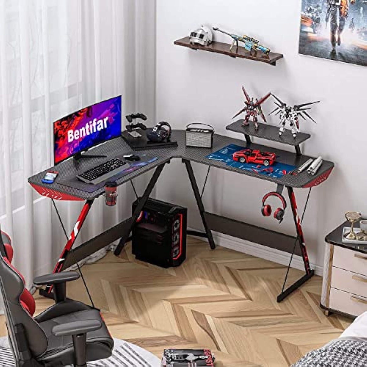 130 cm Carbon-Black L-Shaped Gaming Desk with Monitor Riser