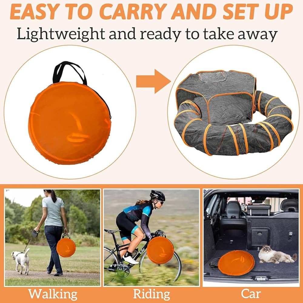 Pop-Open Mesh Cat Tent & Play Tunnel – Orange or Rainbow