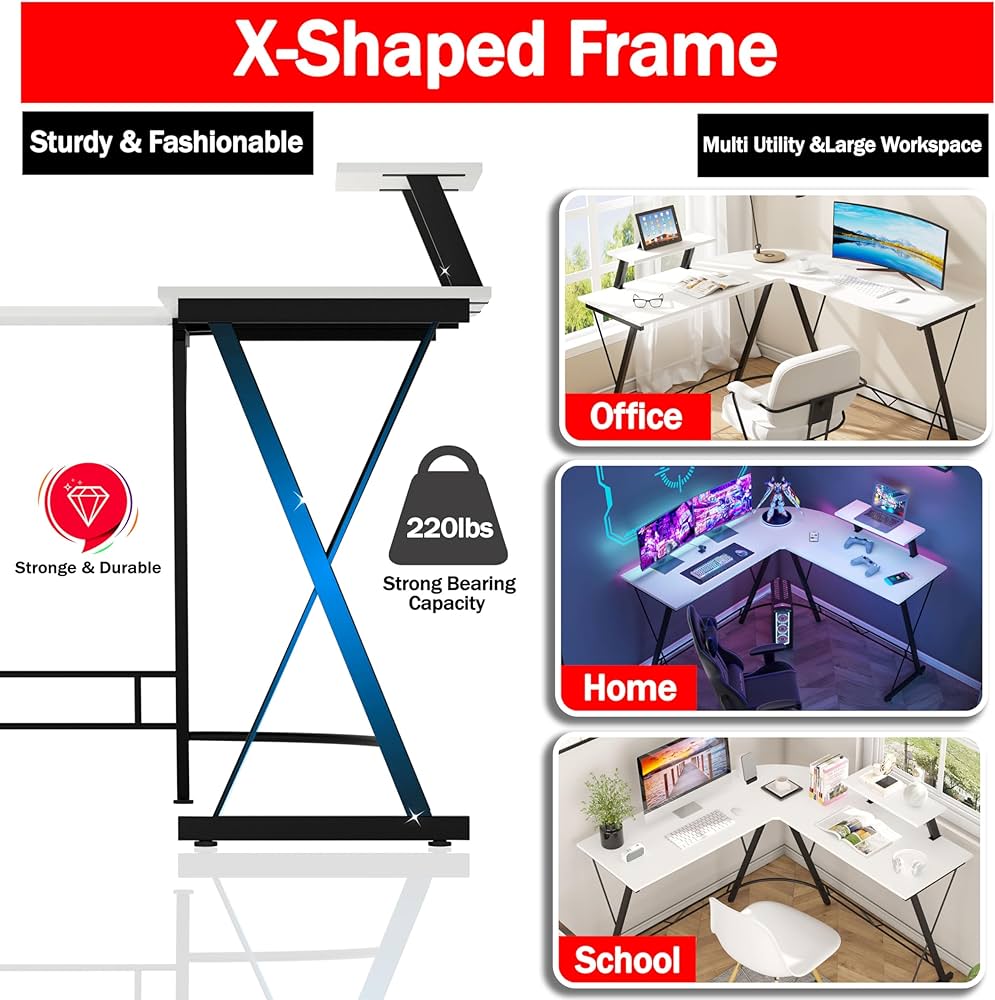 L-Shaped Corner Gaming Desk with Large Monitor Riser