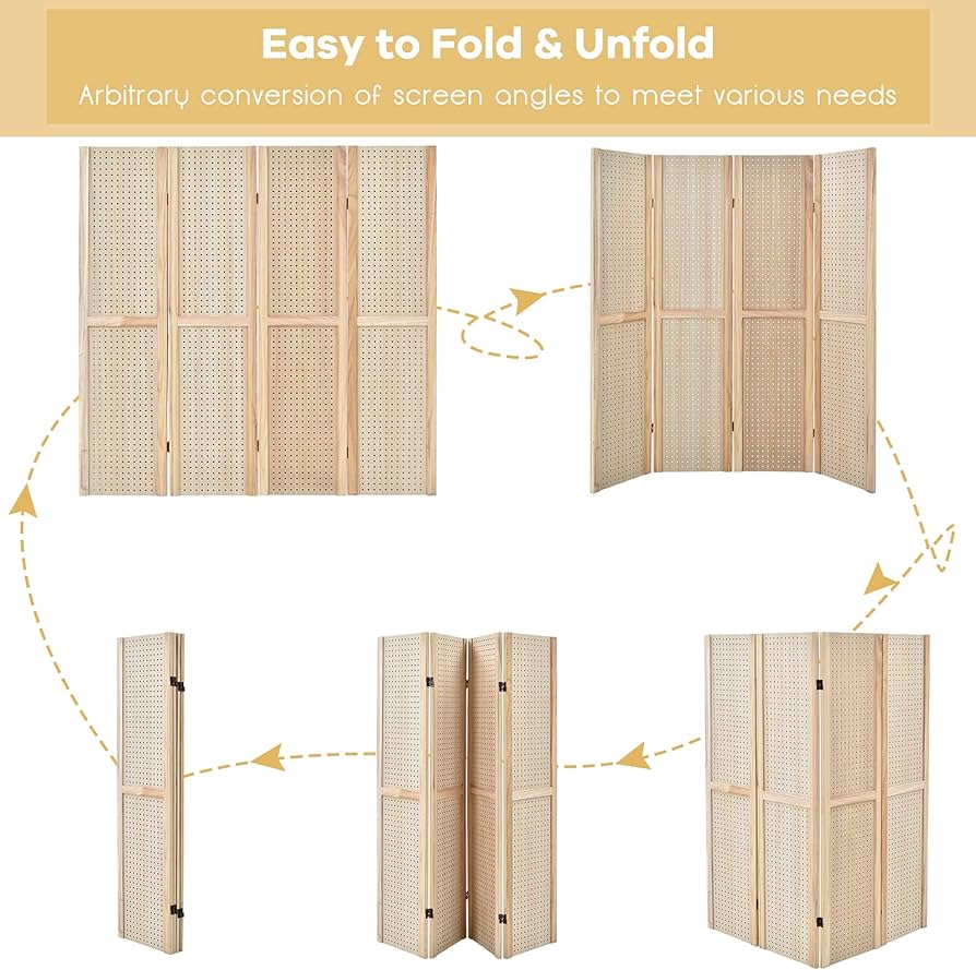 152 cm 4-Panel Folding Pegboard Display Divider – Natural