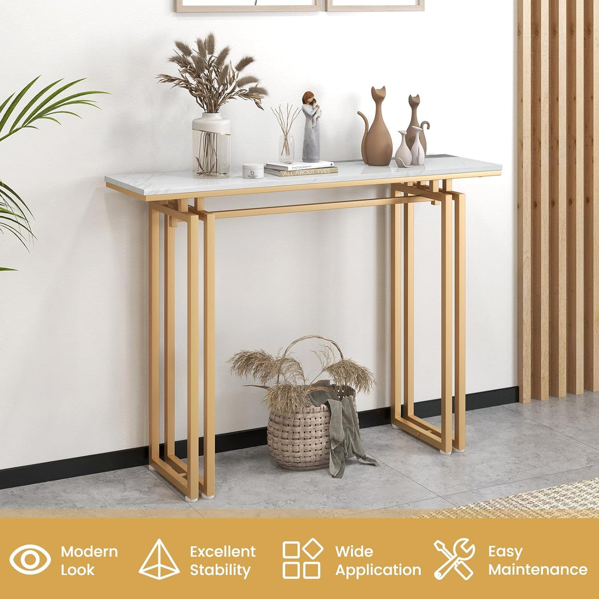 110cm Console Table, Faux Marble Sofa Table w/Sturdy Metal Legs, Adjustable Feet, Modern Entryway Table, Perfect for Foyer, Living Room, Hallway (Gold)