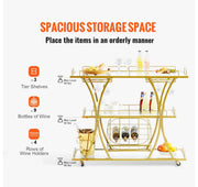 111 cm Gold 3-Tier Bar Cart with 9-Bottle Rack
