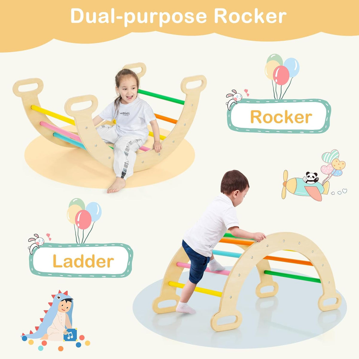 Kids Triangle Climbing Toys Set, 5 in 1 Toddler Wooden Climbing Gym Arch Rocking Playset w/Reversible Ramp for Sliding, Indoor Home Climbing Sliding Set for Boys Girls Colorful