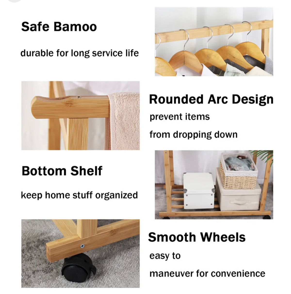 Rolling Double-Rail Bamboo Garment Rack with Lower Shelf