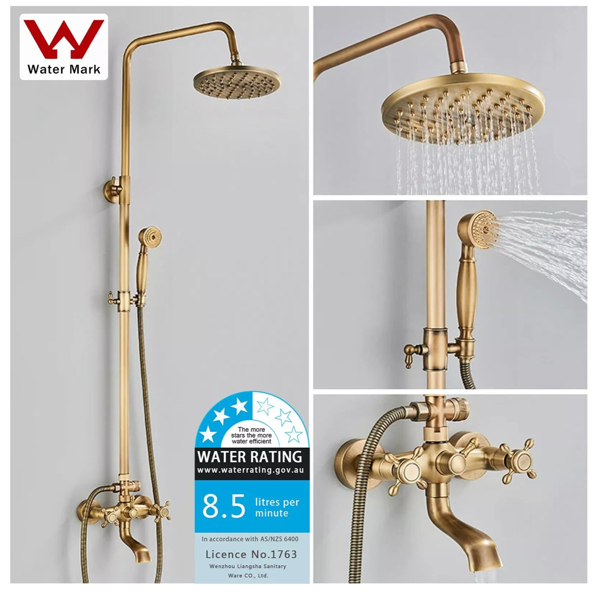 WELS Shower System Set Antique Brass Rainfall Shower Head Hand Shower Wall Mount
