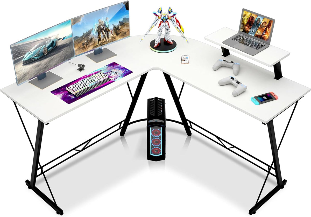 L-Shaped Corner Gaming Desk with Large Monitor Riser