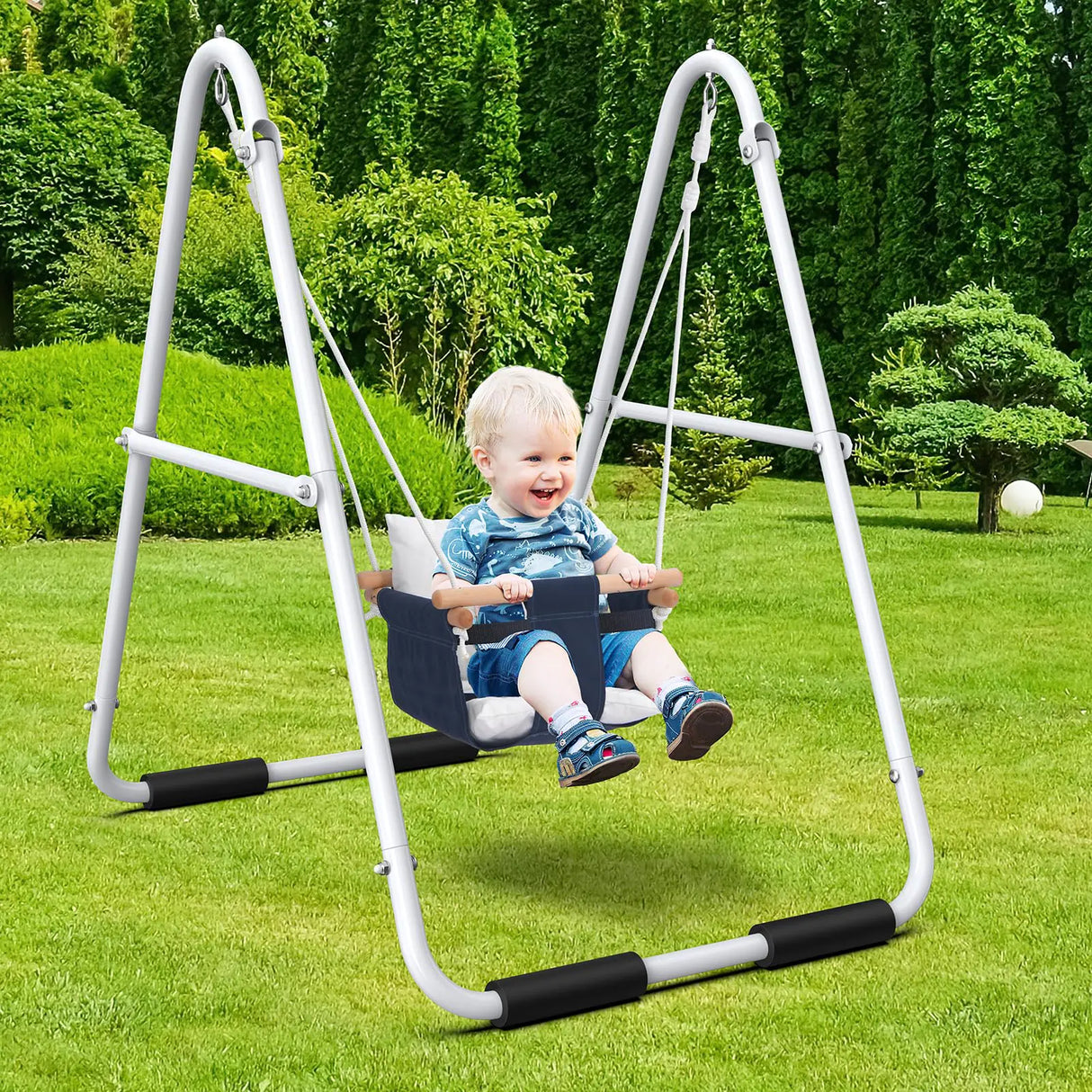 Toddler Swing Baby Swing with Heavy Duty Foldable Stand Indoor Outdoor Swing Set for Aged 1-3 with Canvas Cushion Seat 55lbs Capacity
