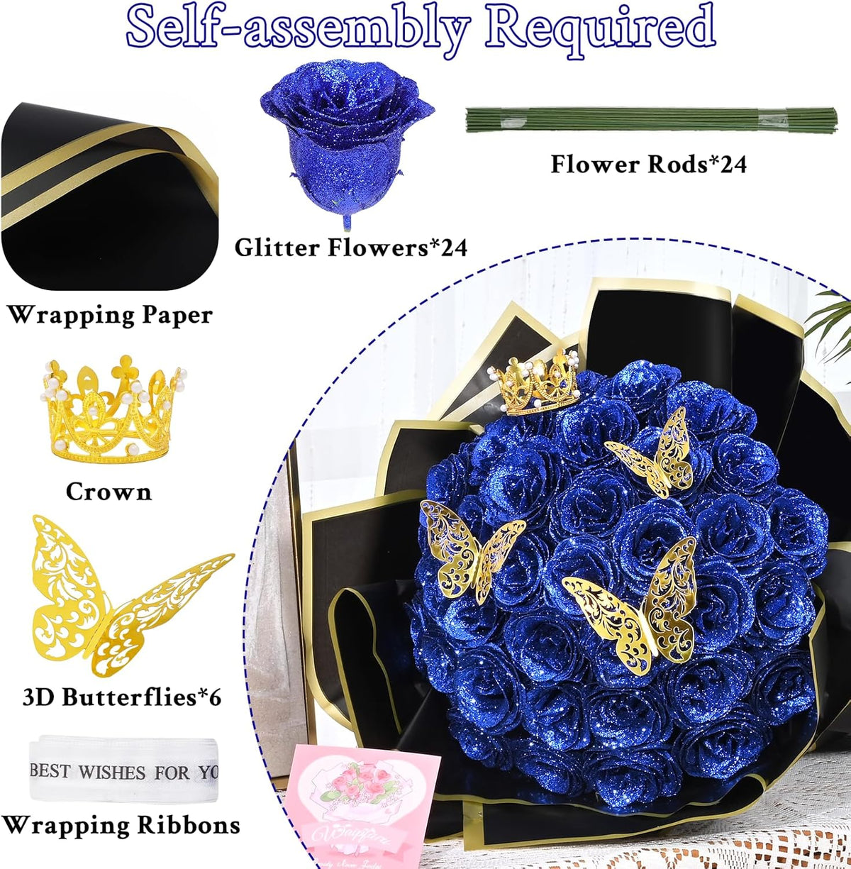 DIY Glitter Rose Bouquet Kit – 24 Artificial Roses