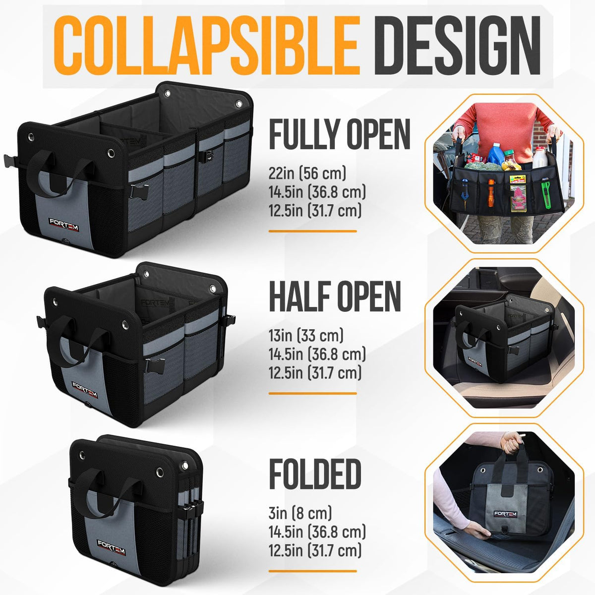 FORTEM 65L Collapsible Car Boot Organiser – Grey