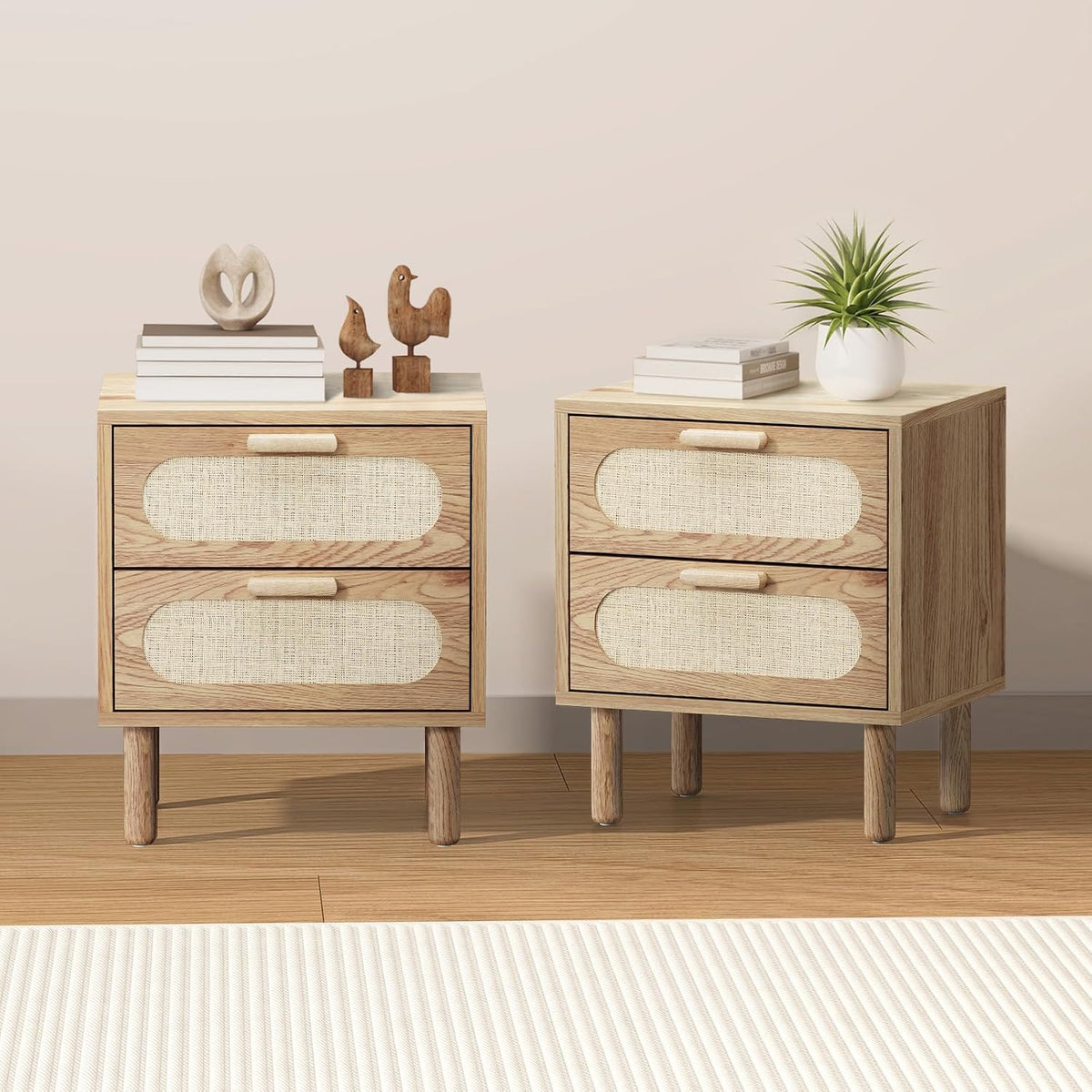Natural Rattan-Front Bedside Tables with 2 Drawers – Set of 2