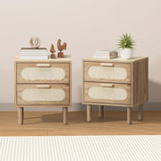 Natural Rattan-Front Bedside Tables with 2 Drawers – Set of 2