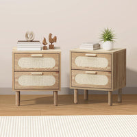 Natural Rattan-Front Bedside Tables with 2 Drawers – Set of 2