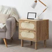 Natural Rattan-Front Bedside Tables with 2 Drawers – Set of 2