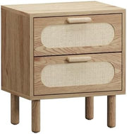 Natural Rattan-Front Bedside Tables with 2 Drawers – Set of 2