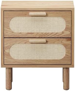 Natural Rattan-Front Bedside Tables with 2 Drawers – Set of 2