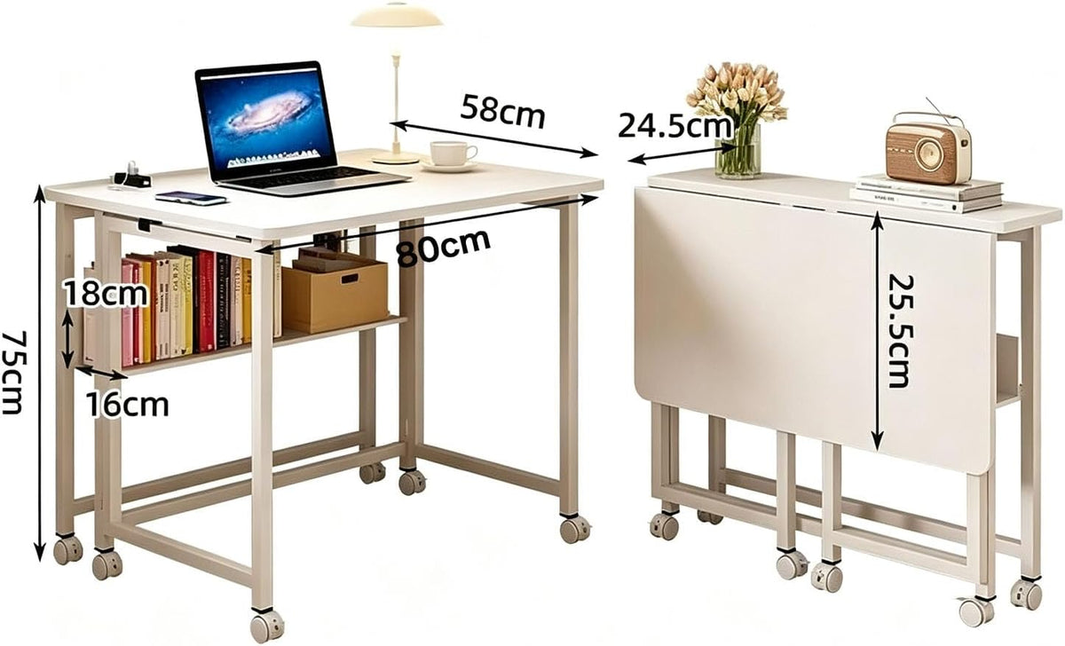 80 cm Mobile Foldable Computer Desk with Shelf & Locking Wheels