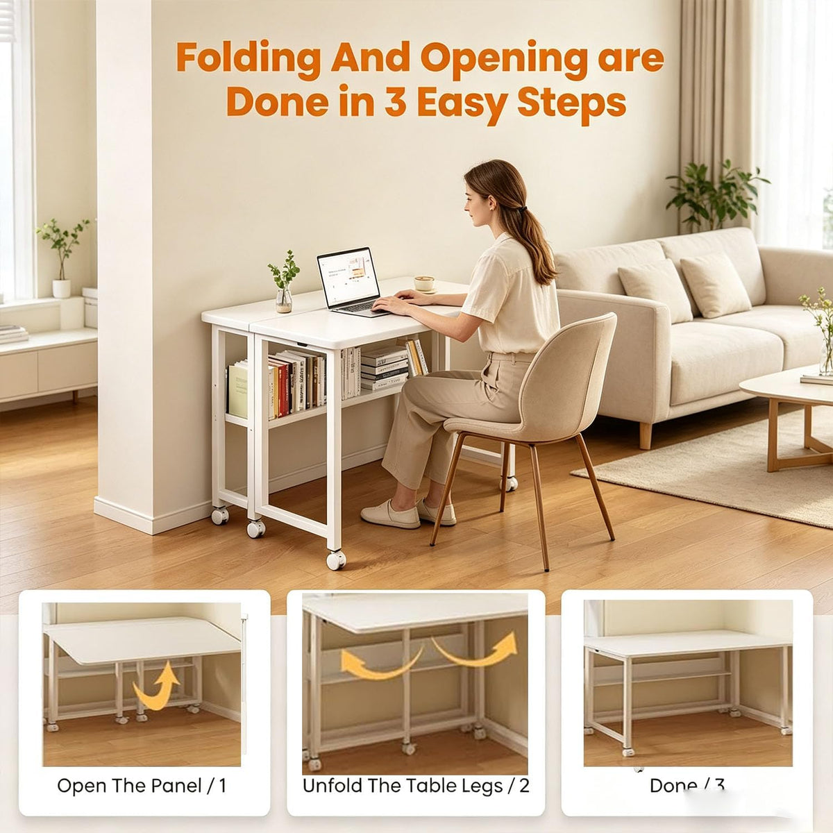 80 cm Mobile Foldable Computer Desk with Shelf & Locking Wheels