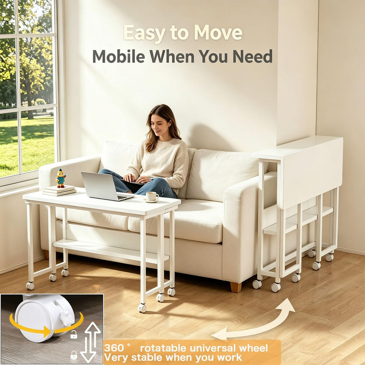 80 cm Mobile Foldable Computer Desk with Shelf & Locking Wheels