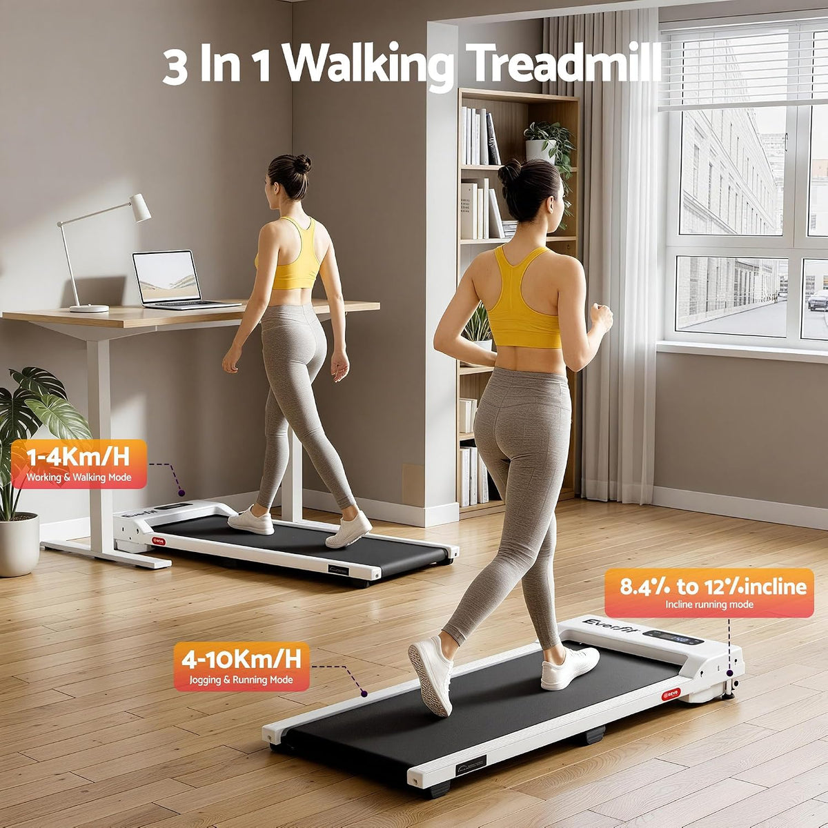 3-in-1 Under-Desk Walking Pad Treadmill with 12% Incline – White