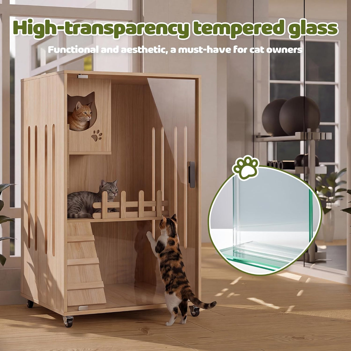 60 × 60 × 95 cm Wooden Cat Condo with Glass Door, Wheels & Scratching Post
