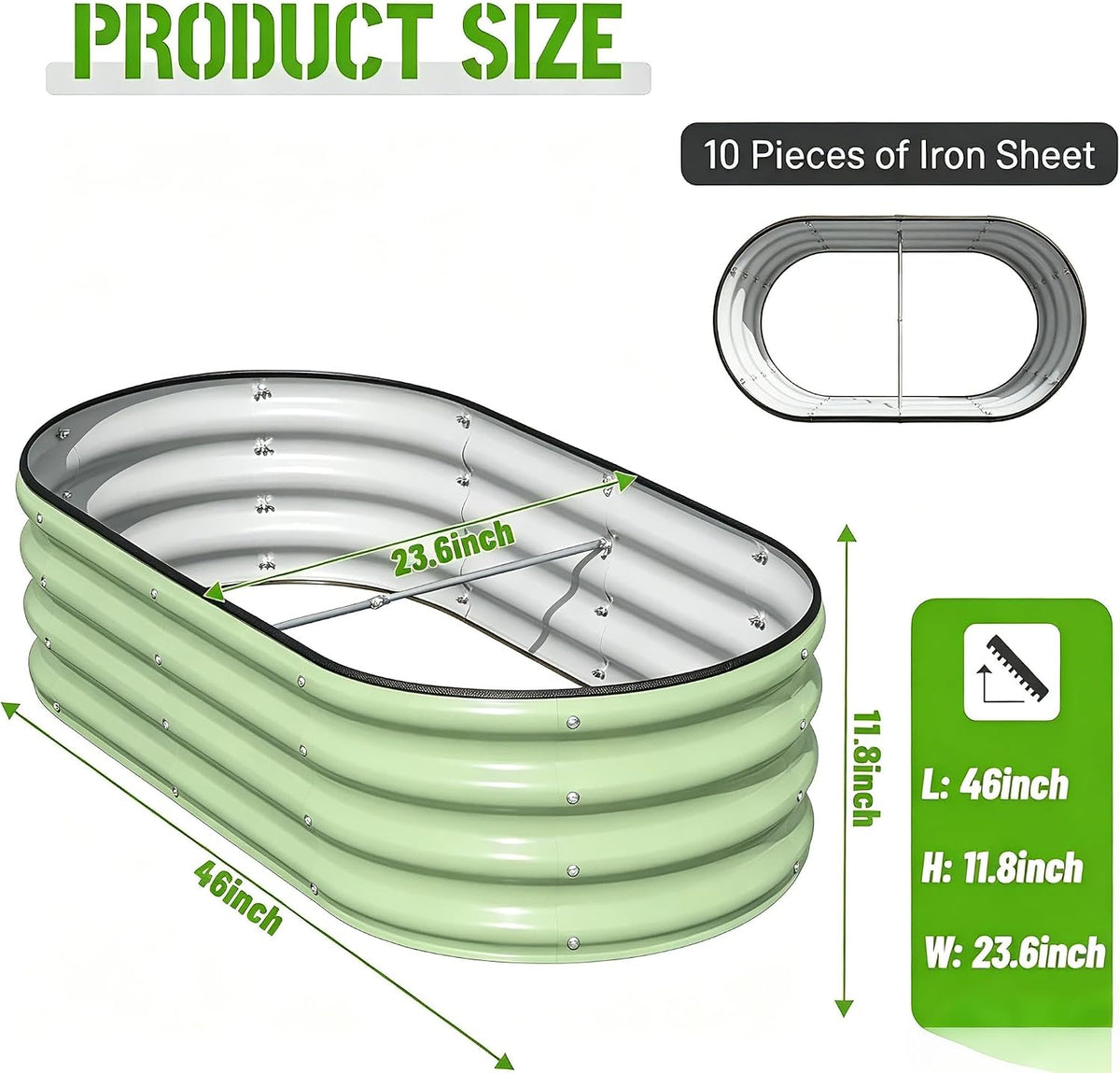 Galvanized Raised Garden Bed 120x60x30cm, 2 Pcs Oval Planter Box, Green