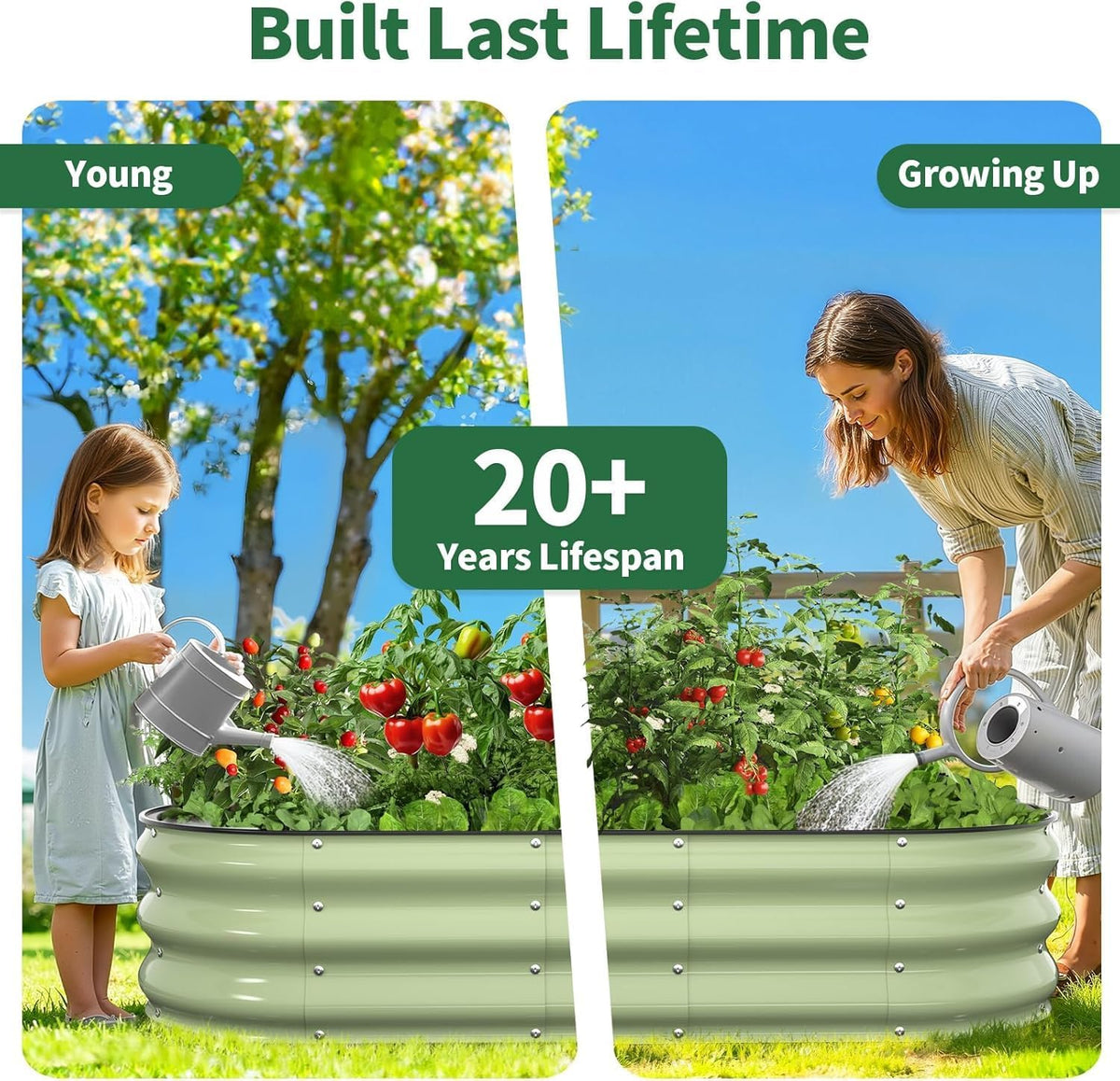Galvanized Raised Garden Bed 120x60x30cm, 2 Pcs Oval Planter Box, Green