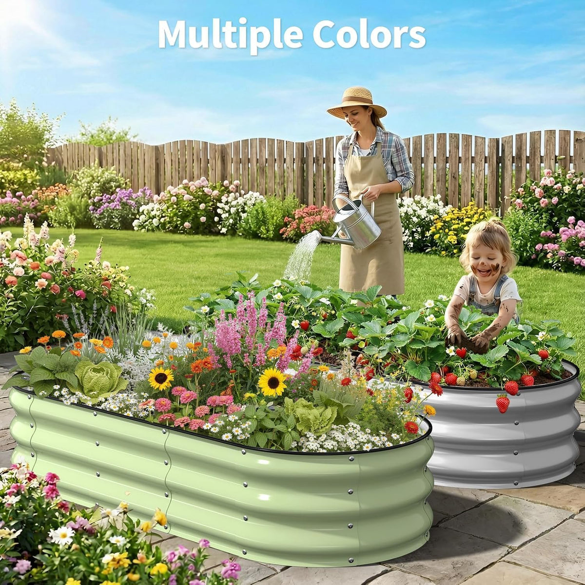 Galvanized Raised Garden Bed 120x60x30cm, 2 Pcs Oval Planter Box, Green