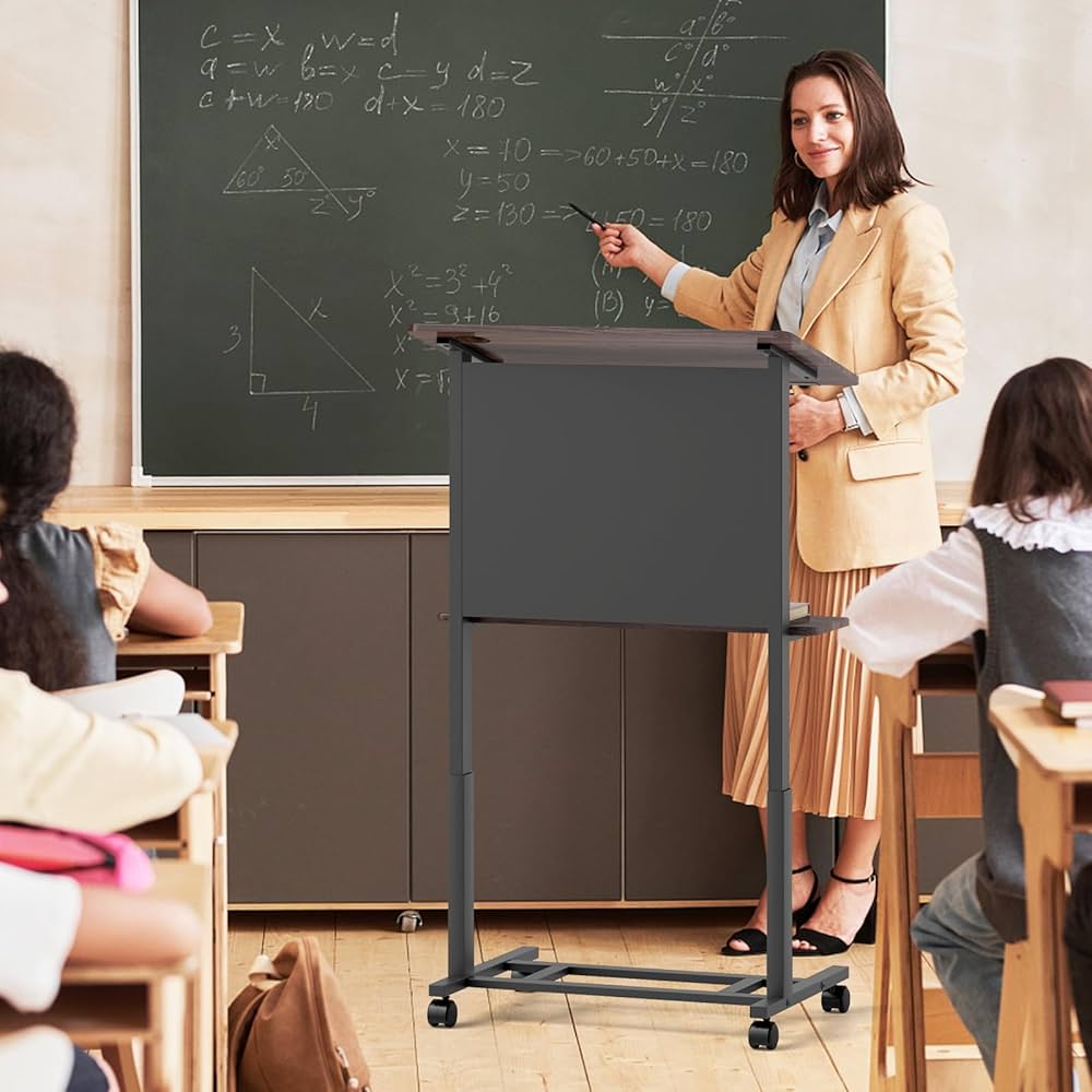 Rolling Podium Stand, 103-125cm Height Adjustable Lectern Table with Tilted Tabletop & Edge Stopper, Mobile Pulpit with Storage Shelf for Classroom, Office, Churches, Walnut