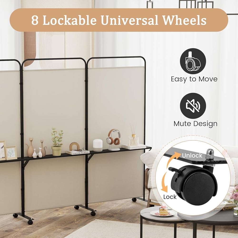 188cm Rolling 3-Panel Room Divider with 3 Shelves – 3 Colours
