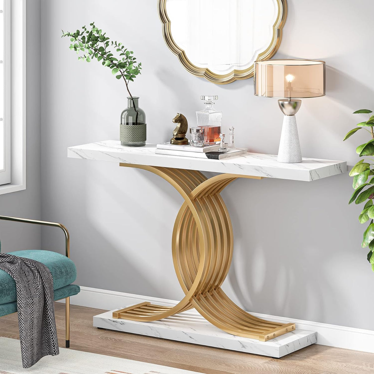 99 cm Gold & White Faux-Marble Console Table