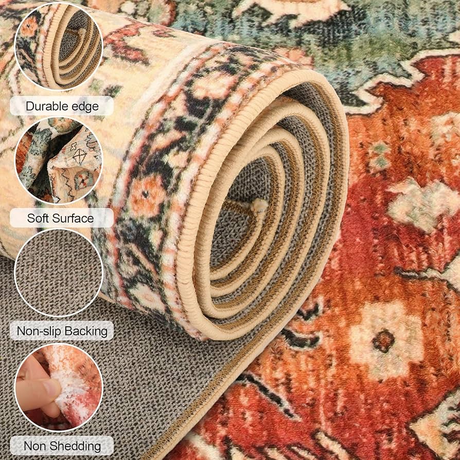 Soft Washable Boho Area Rug with Non-Slip Backing