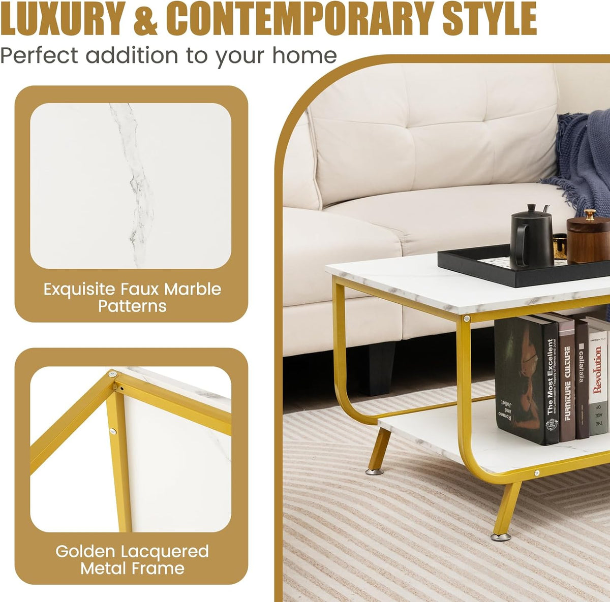 2-Tier Faux-Marble Coffee Table with Metal Frame