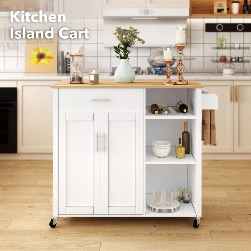 107 cm Rolling Kitchen Island with Wine Rack & Cabinet