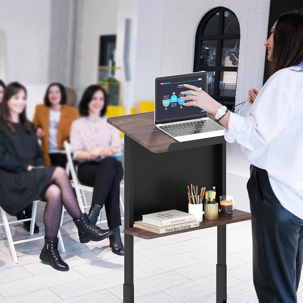 Rolling Podium Stand, 103-125cm Height Adjustable Lectern Table with Tilted Tabletop & Edge Stopper, Mobile Pulpit with Storage Shelf for Classroom, Office, Churches, Walnut