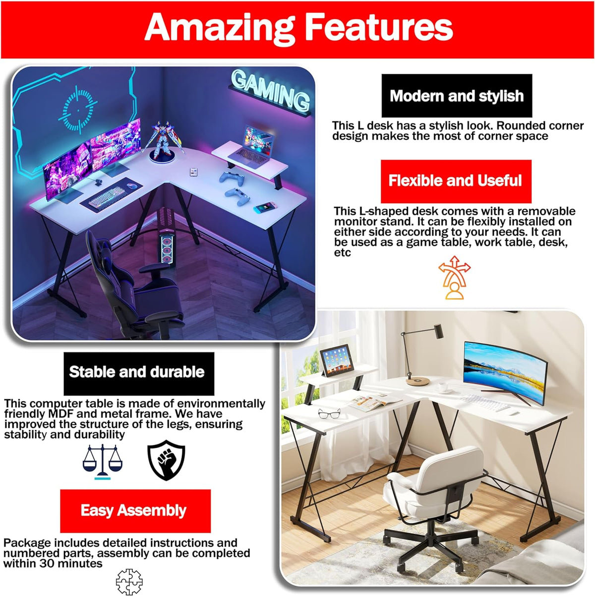L-Shaped Corner Gaming Desk with Large Monitor Riser