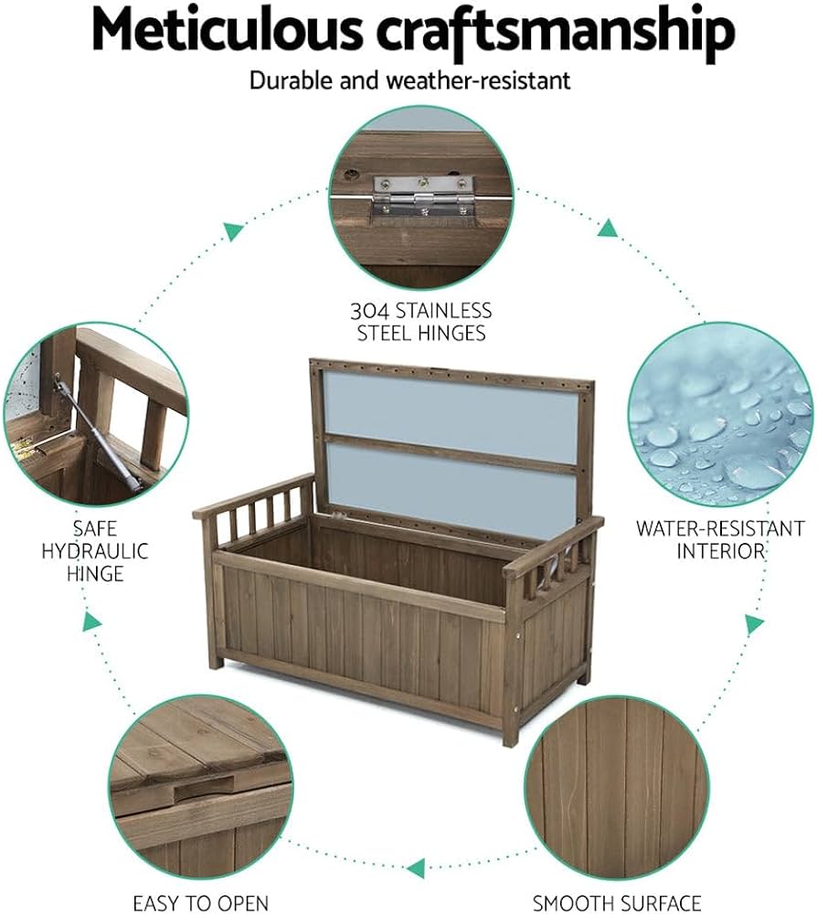 Outdoor Storage Box Bench, Wooden Garden Shed Shoe Cabinet Tool Chest Toy Storages Boxes Benches Deck Chair Container Indoor Patio Balcony Furniture, Water-Resistant 220kg Capacity Brown