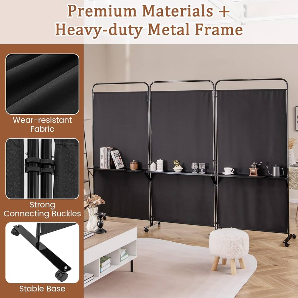 188cm Rolling 3-Panel Room Divider with 3 Shelves – 3 Colours