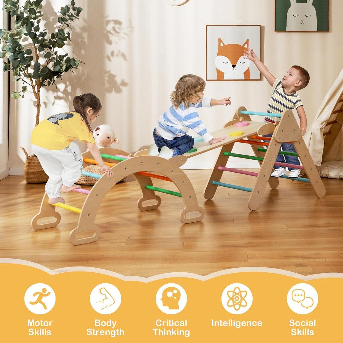 Kids Triangle Climbing Toys Set, 5 in 1 Toddler Wooden Climbing Gym Arch Rocking Playset w/Reversible Ramp for Sliding, Indoor Home Climbing Sliding Set for Boys Girls Colorful