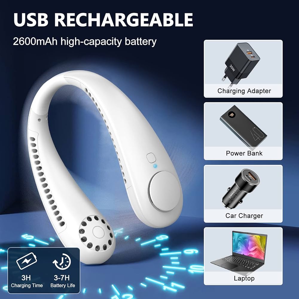 Neck Fan, Portable Hanging Neck Fan, Bladeless Mini Neck Fan with 360° Airflow, 3-Speed Hands-Free Personal Fan Rechargeable Wearable Fan Cooling Quiet for Home Office Travel Sports Outdoor