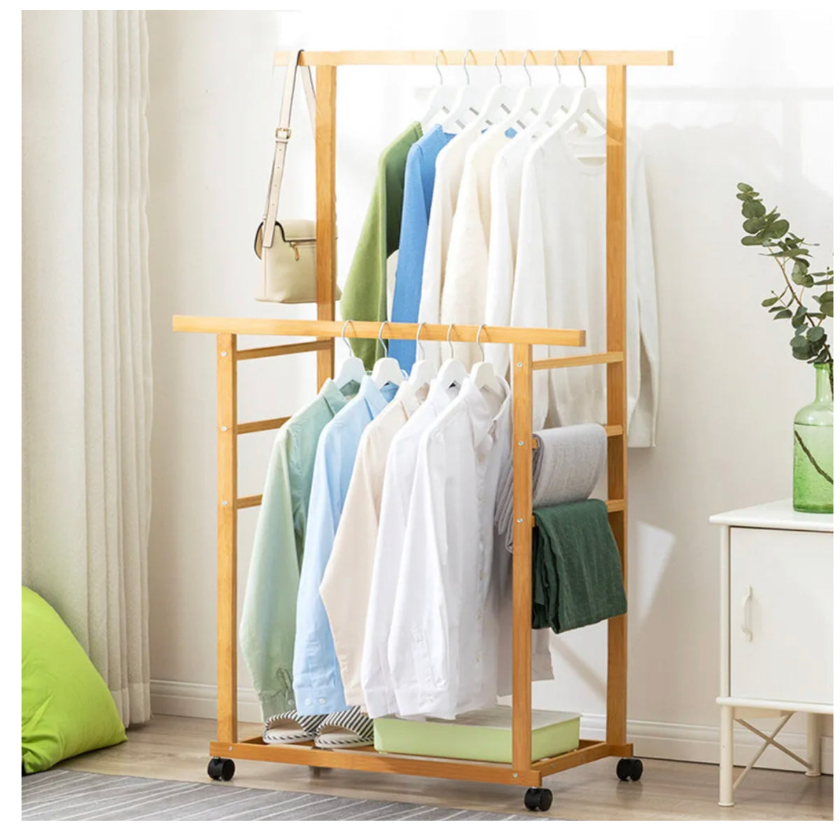 Rolling Double-Rail Bamboo Garment Rack with Lower Shelf
