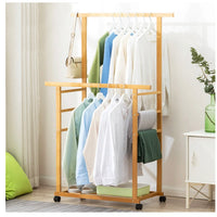 Rolling Double-Rail Bamboo Garment Rack with Lower Shelf