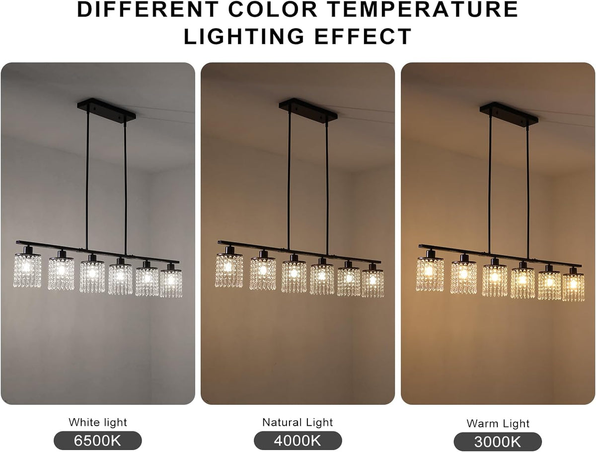 6-Light Farmhouse Kitchen Island Lighting, 48in Crystal Pendant Light Fixture, Vintage Black Linear Chandelier with Crystal Shade for Dining Room Living Room (E27 Bulbs, Not Included)