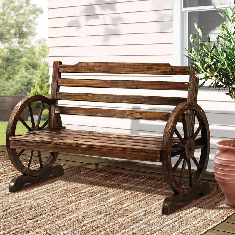 111 cm 2-Seat Fir-Wood Garden Bench with Wagon-Wheel Arms
