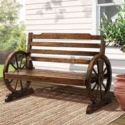 111 cm 2-Seat Fir-Wood Garden Bench with Wagon-Wheel Arms