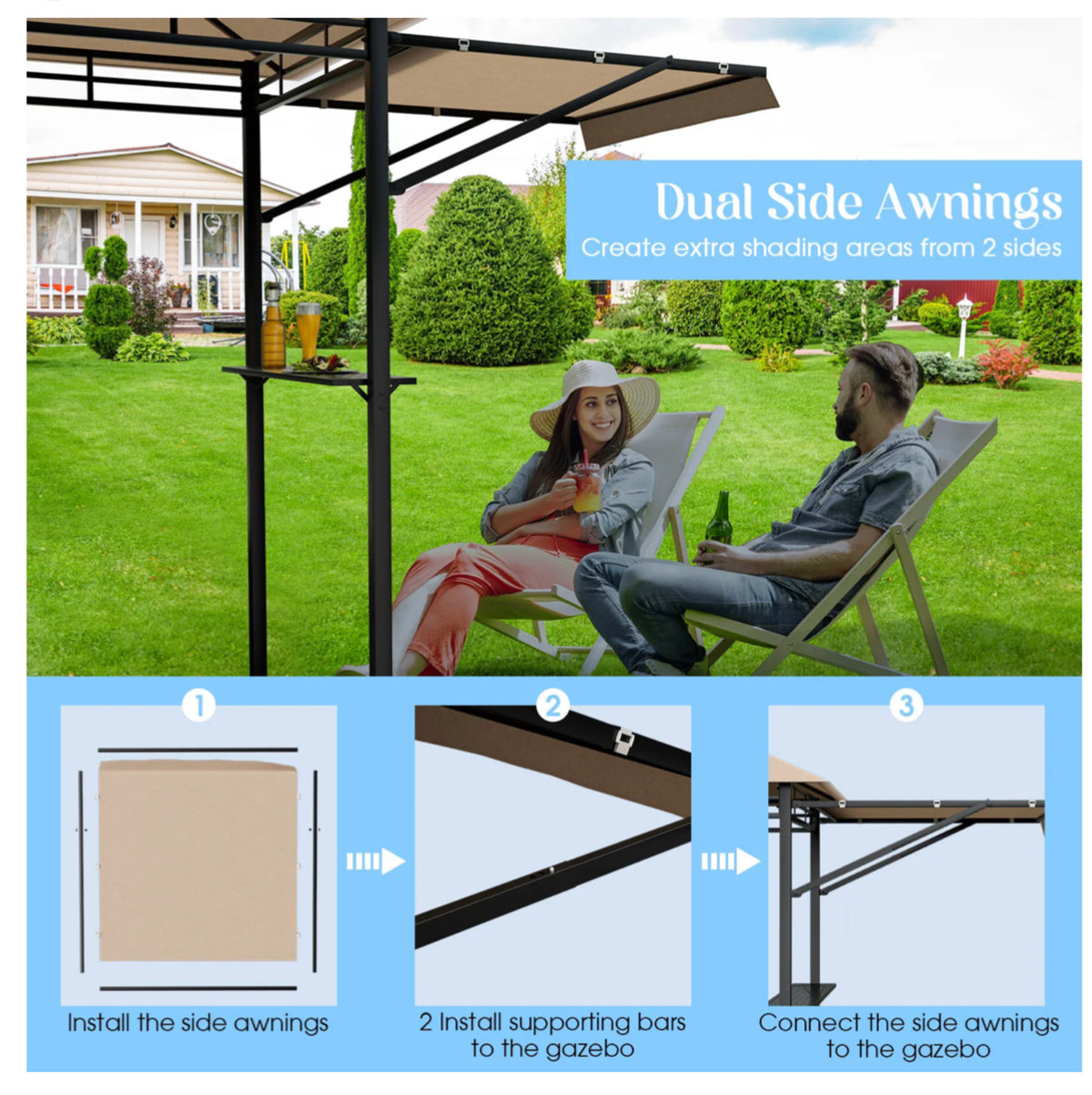 Outdoor BBQ Grill Gazebo with Adjustable Side Awnings & Shelves
