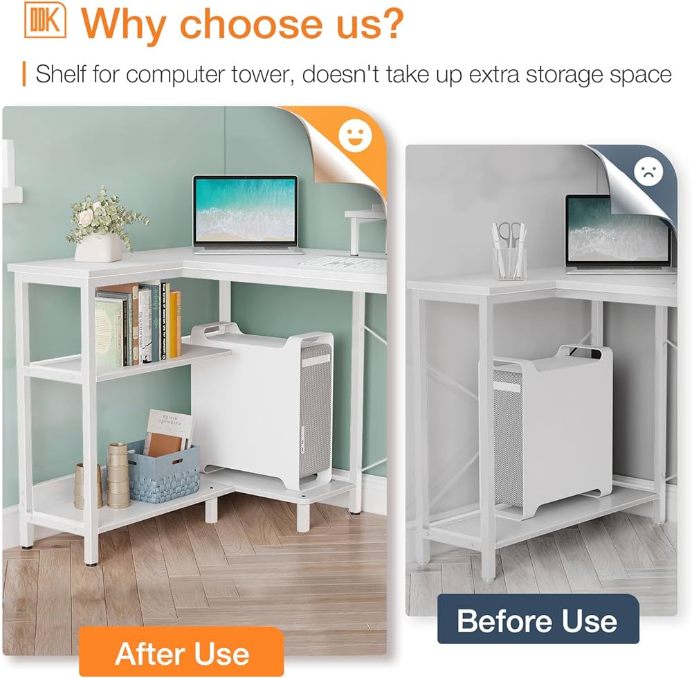 100 cm Reversible L-Shaped Desk with Shelves & Monitor Stand