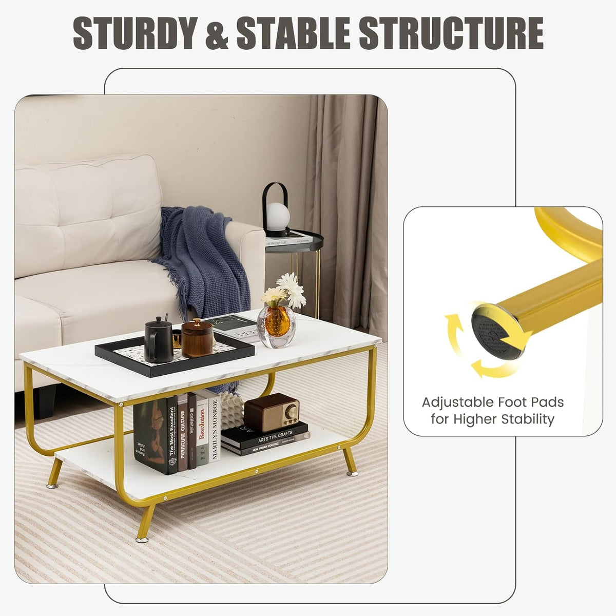 2-Tier Faux-Marble Coffee Table with Metal Frame